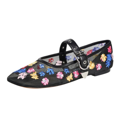 3.1 Phillip Lim Embroidered Black Multi Id Flowerworks Mary Jane Flats Size 38 EU / US 8