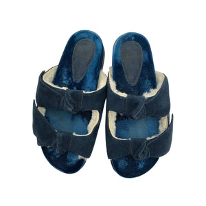 Alexandre Birman 'Clarita' Blue Bow-Embellished Shearling-Lined Suede Slides Size 7.5