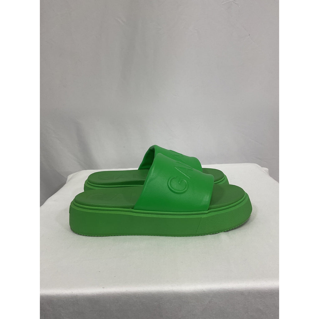 Ganni Logo-Embossed Vegan Green Leather Platform Slides Size 9