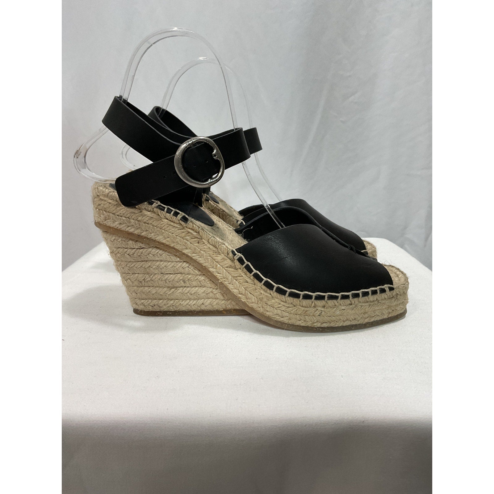 Rag & Bone 'Santiago' Black Leather Espadrille Peep Toe Platform Wedge Sandal Size 9.5