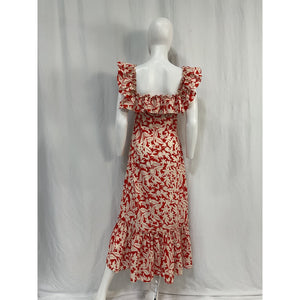 Rixo June Ruffled Red Cotton Floral-Print Cotton-Voile Midi Dress Size 2