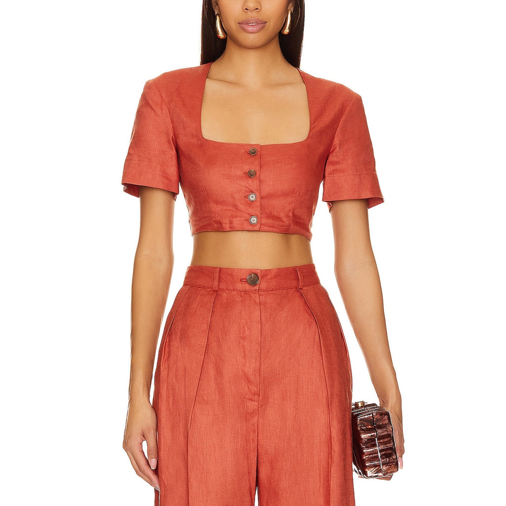 Matthew Bruch 'Apron' Brown Linen Crop Top Size 2