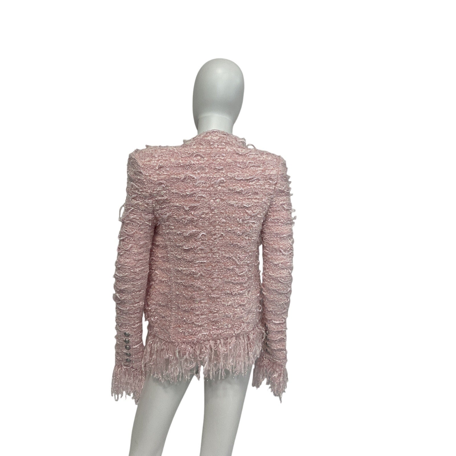 Balmain Fringed Pink Bouclé-Tweed Jacket Size 2