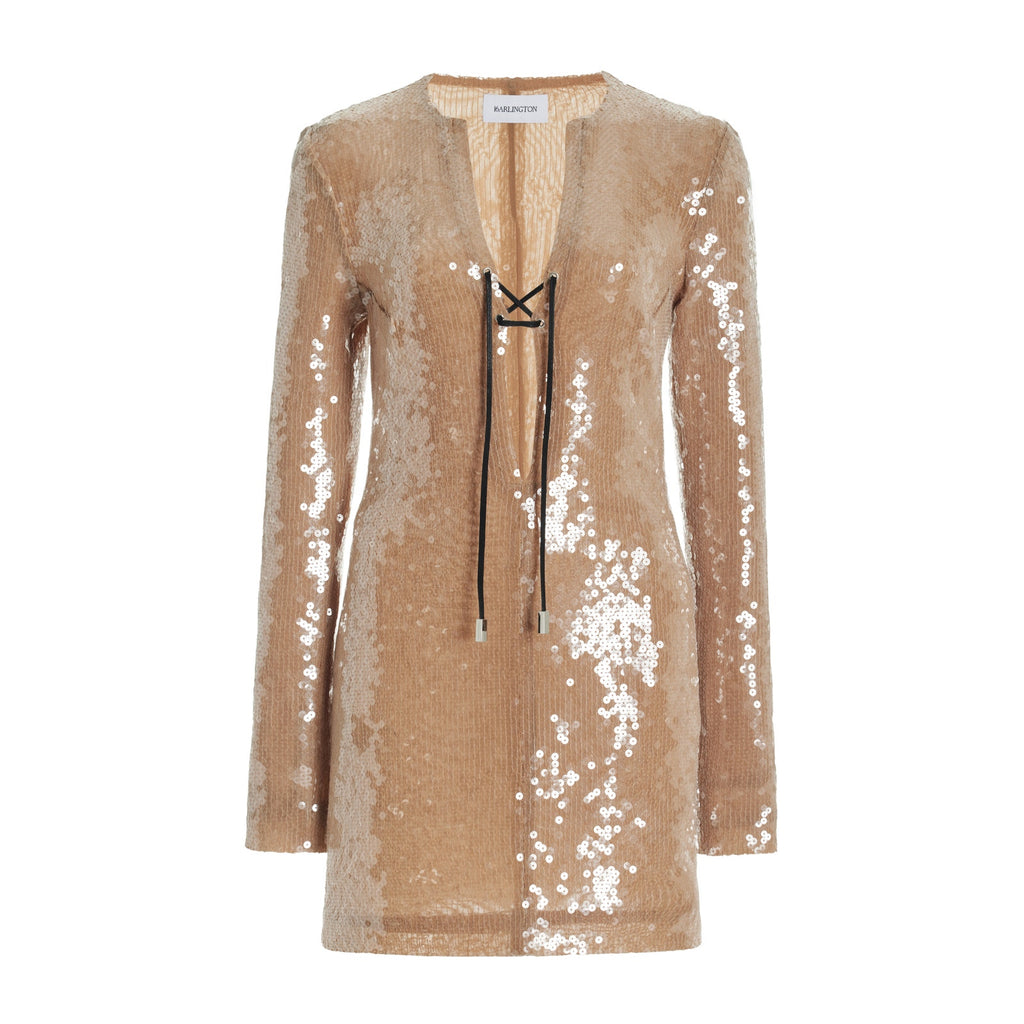 16Arlington 'Seeran' Beige Nylon Lace-Up Sequined Mini Dress Size 6