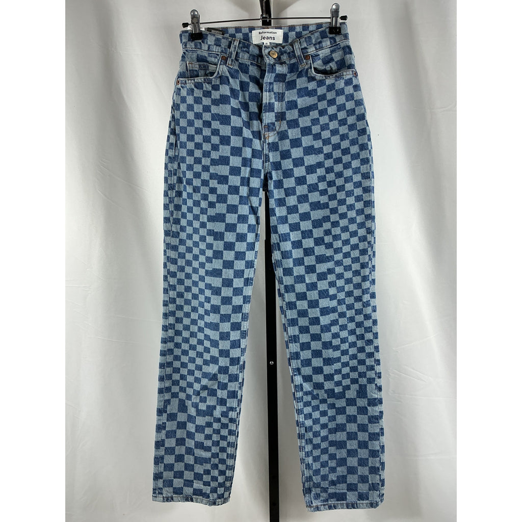 Reformation 'Cynthia' Blue Cotton Checkerboard High Rise Straight Jeans Size 25