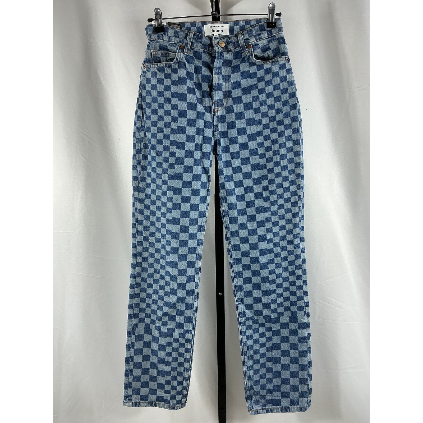 Reformation 'Cynthia' Blue Cotton Checkerboard High Rise Straight Jeans Size 25