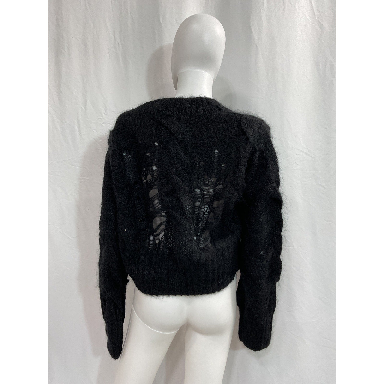Area 'Distressed' Black Cable Knit Crystal Bow Pullover Size XS