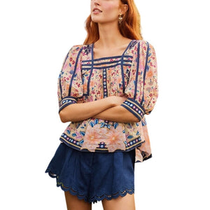 Farm Rio Scalloped Blue Richelieu Shorts Size M