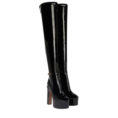 Valentino Patent Black Tan Go Over The Knee Boots Size 38.5 EU / US 8.5