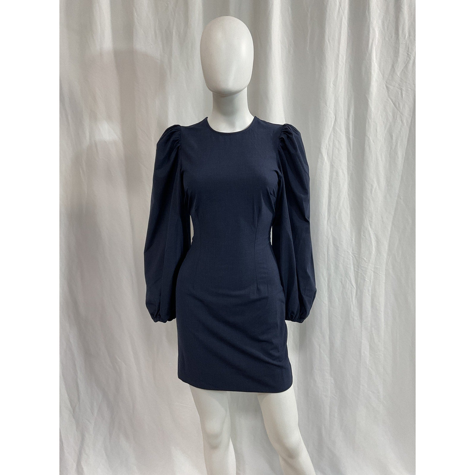 Ganni 'Drapey' Navy Melange Open Back Long Sleeve Mini Dress Size 32