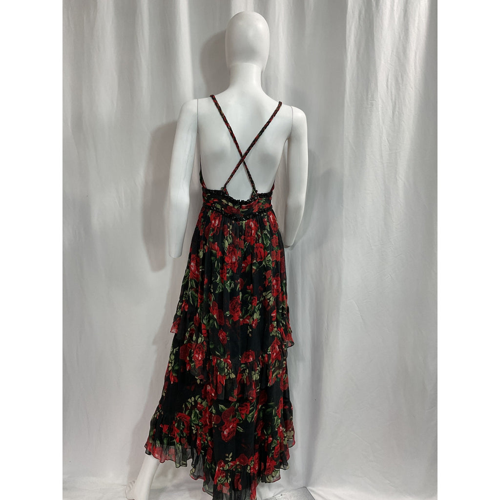 Rococo Sand Red Crepe Beaded Trim Maxi Dress Size S