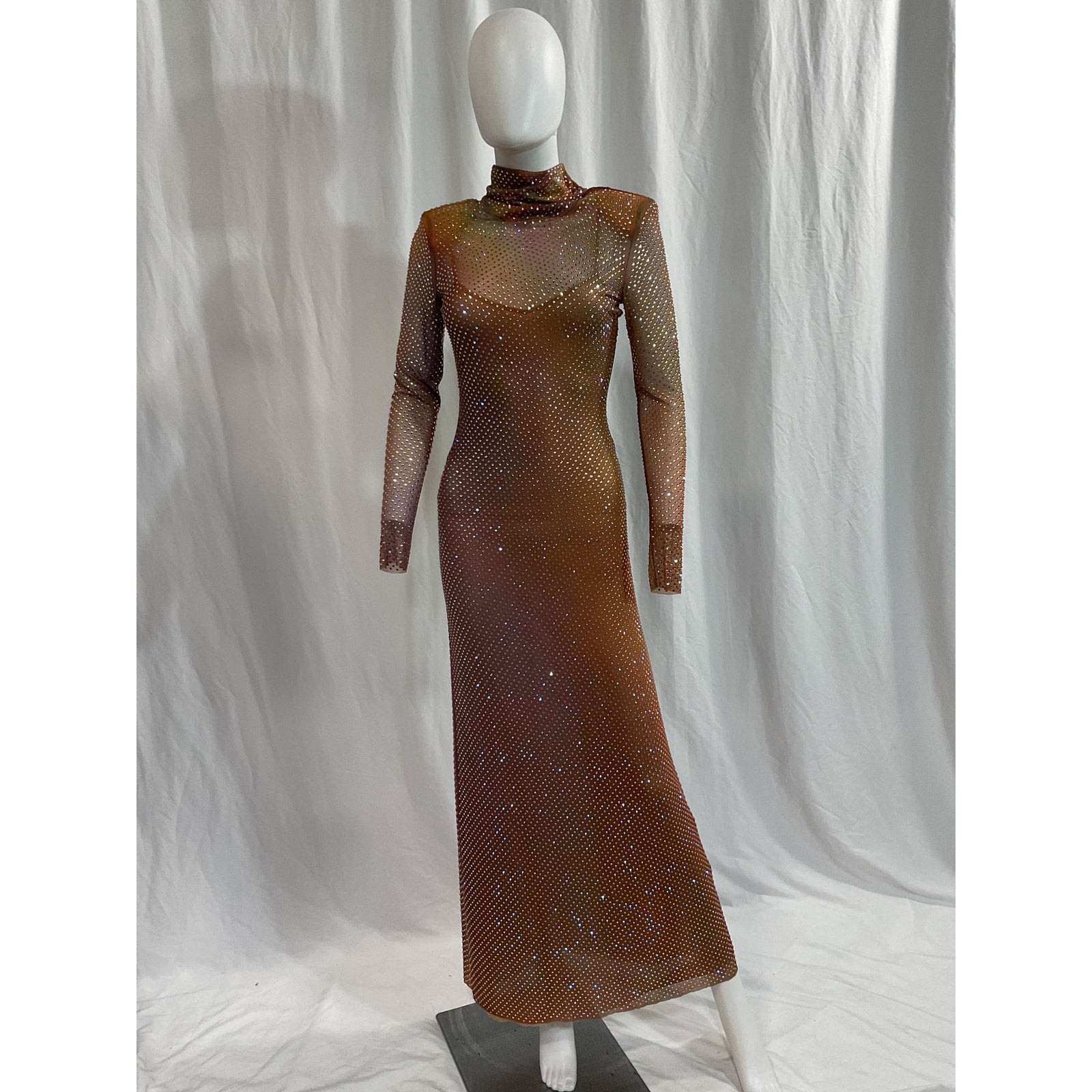Self-Portrait Printed Pink Rhinestone & Crystals Mockneck Maxi Dress Size 4