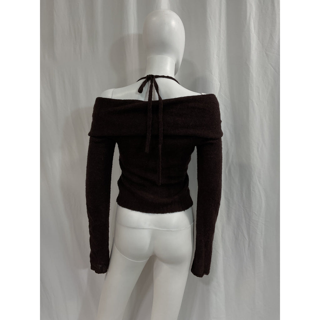 Simkhai 'Cambria' Brown Long Sleeve Halter Tie Sheer Alpaca Top Size XS