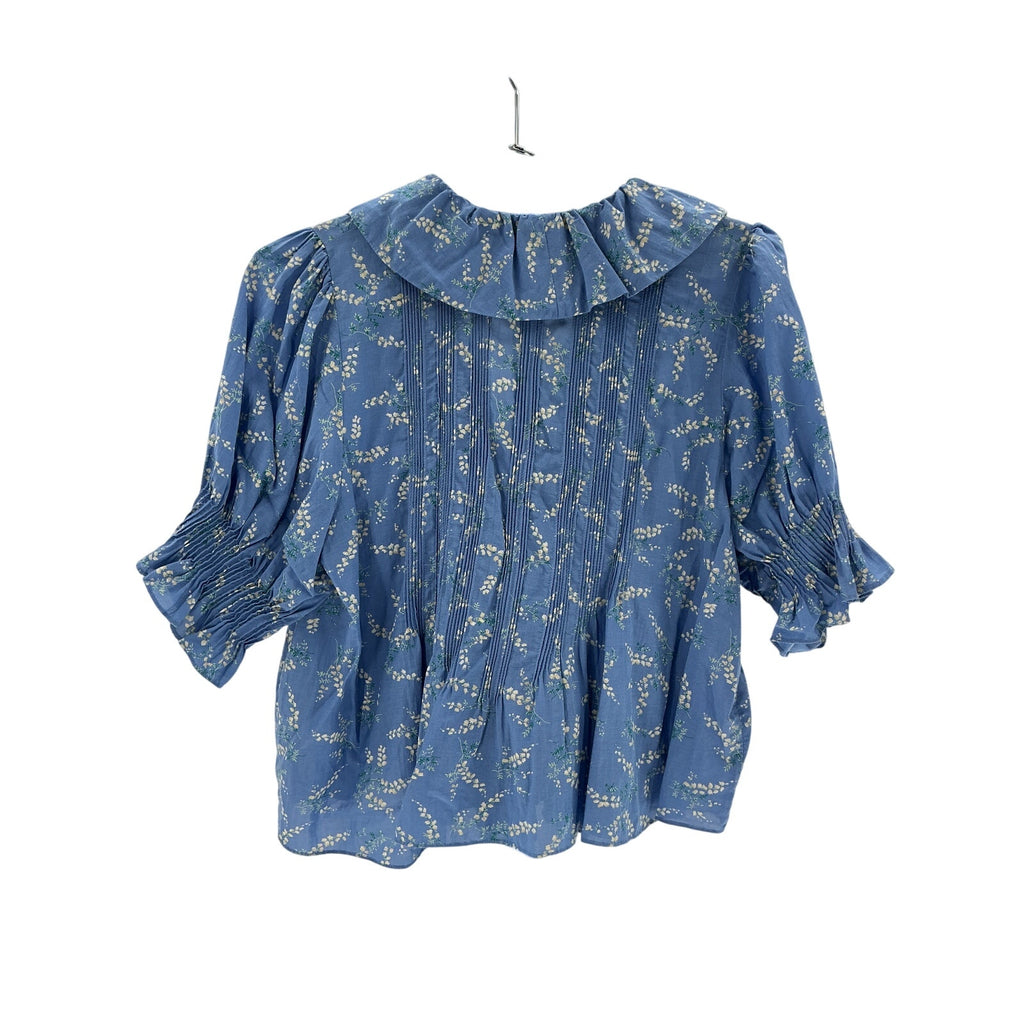 D�en 'Henri' Blue Cotton Pleated Floral Top Size S