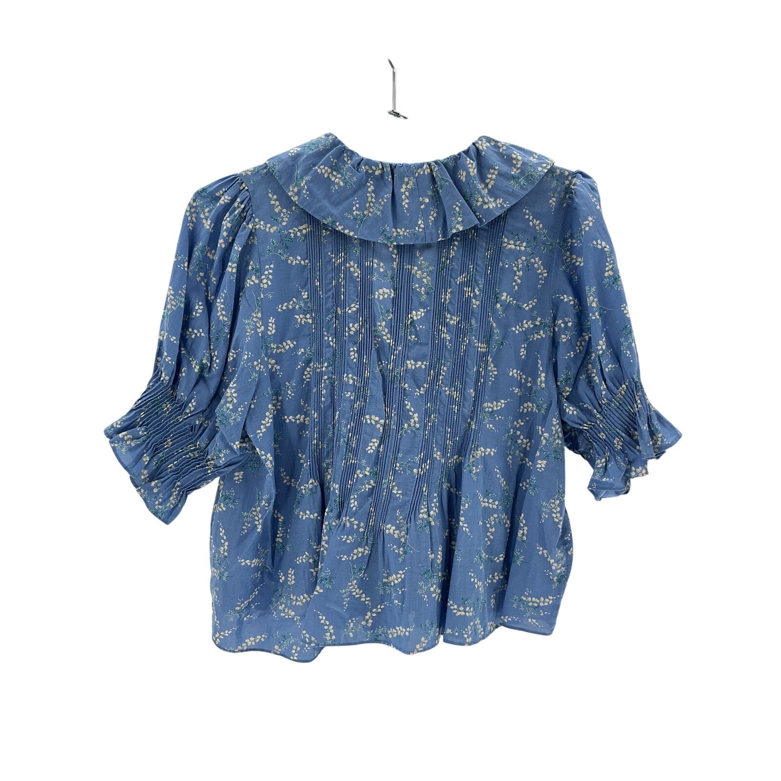 D�en 'Henri' Blue Cotton Pleated Floral Top Size S