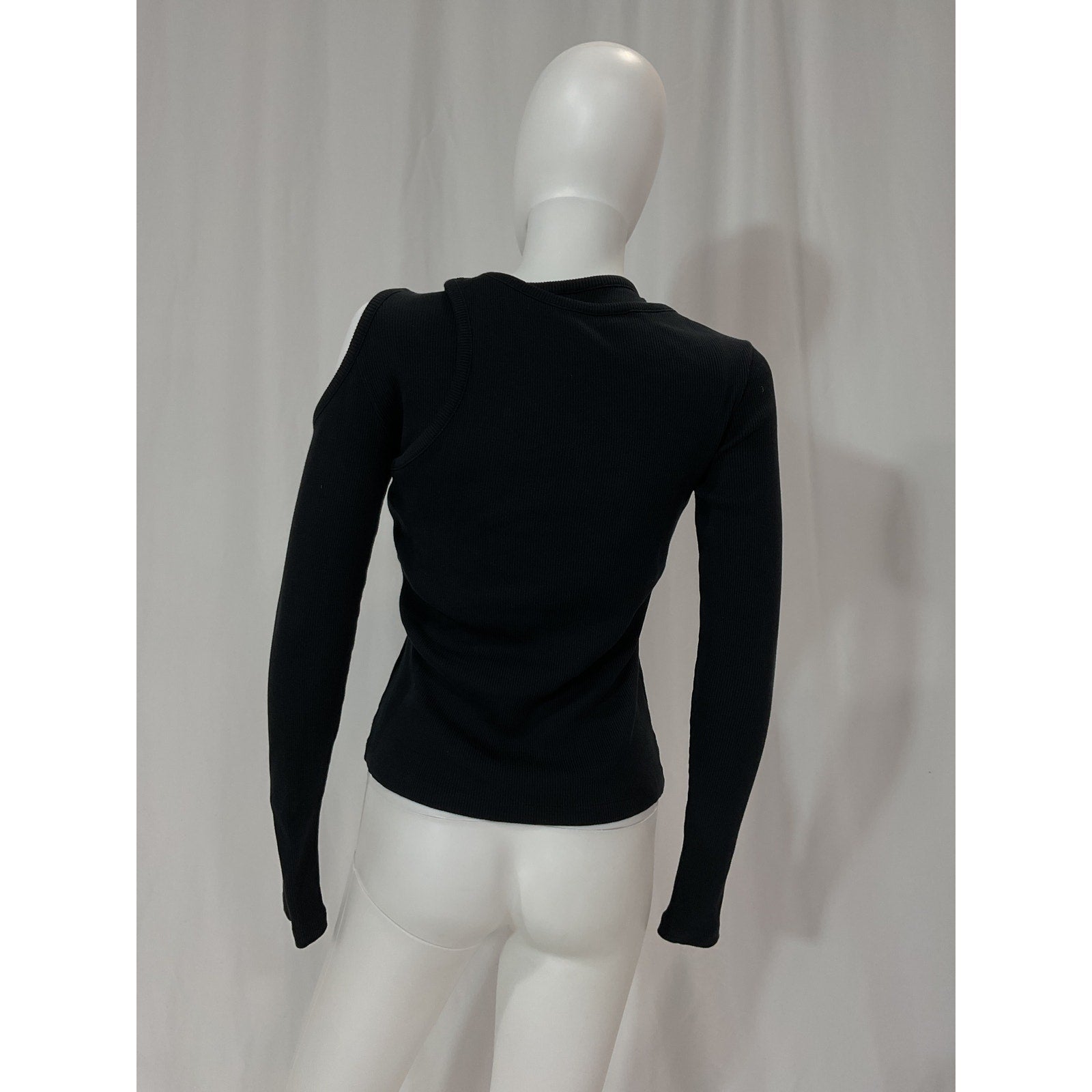 A.W.A.K.E. 'Mode' Black Layered Cutout Ribbed Cotton Blend Long Sleeve Blouse Top Size S