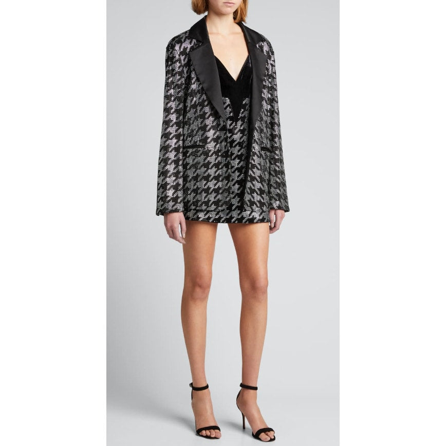 Retrofete 'Ivy' Black Crystal Embellished Houndstooth Satin Blazer Size S