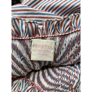 Loretta Caponi 'Delfina' Blue Cotton Belted Ruffled Smocked Striped Cotton-Poplin Midi Dress Size OS