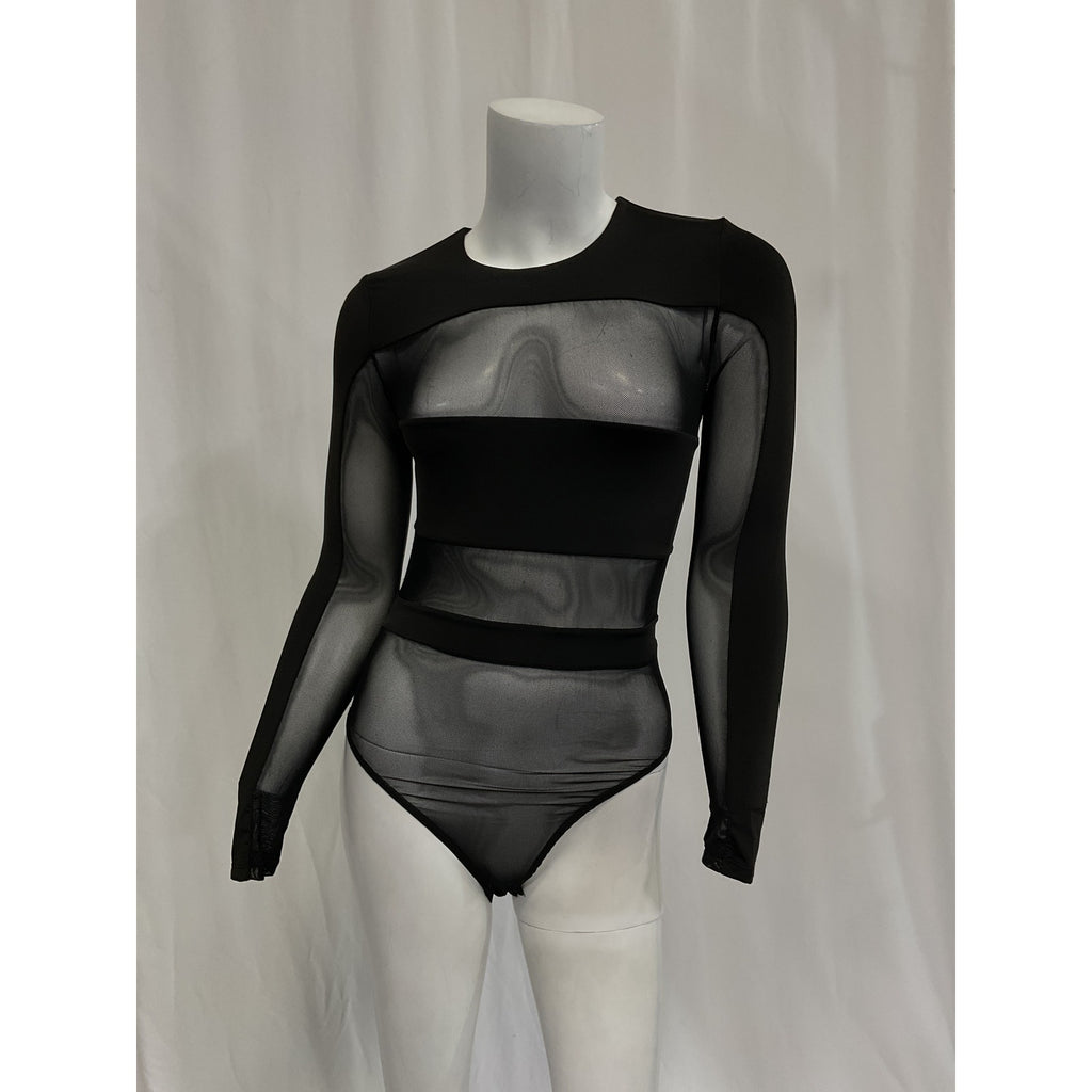 Norma Kamali Long Sleeve Black Crewneck Dash Applique Top Size XS
