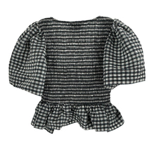 Ganni Seersucker Checked Egret Open-Neck Smock Blouse Size FR 36 / US 4