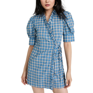 Ganni Ruffled Multicolor Seersucker Check Dress Size 34