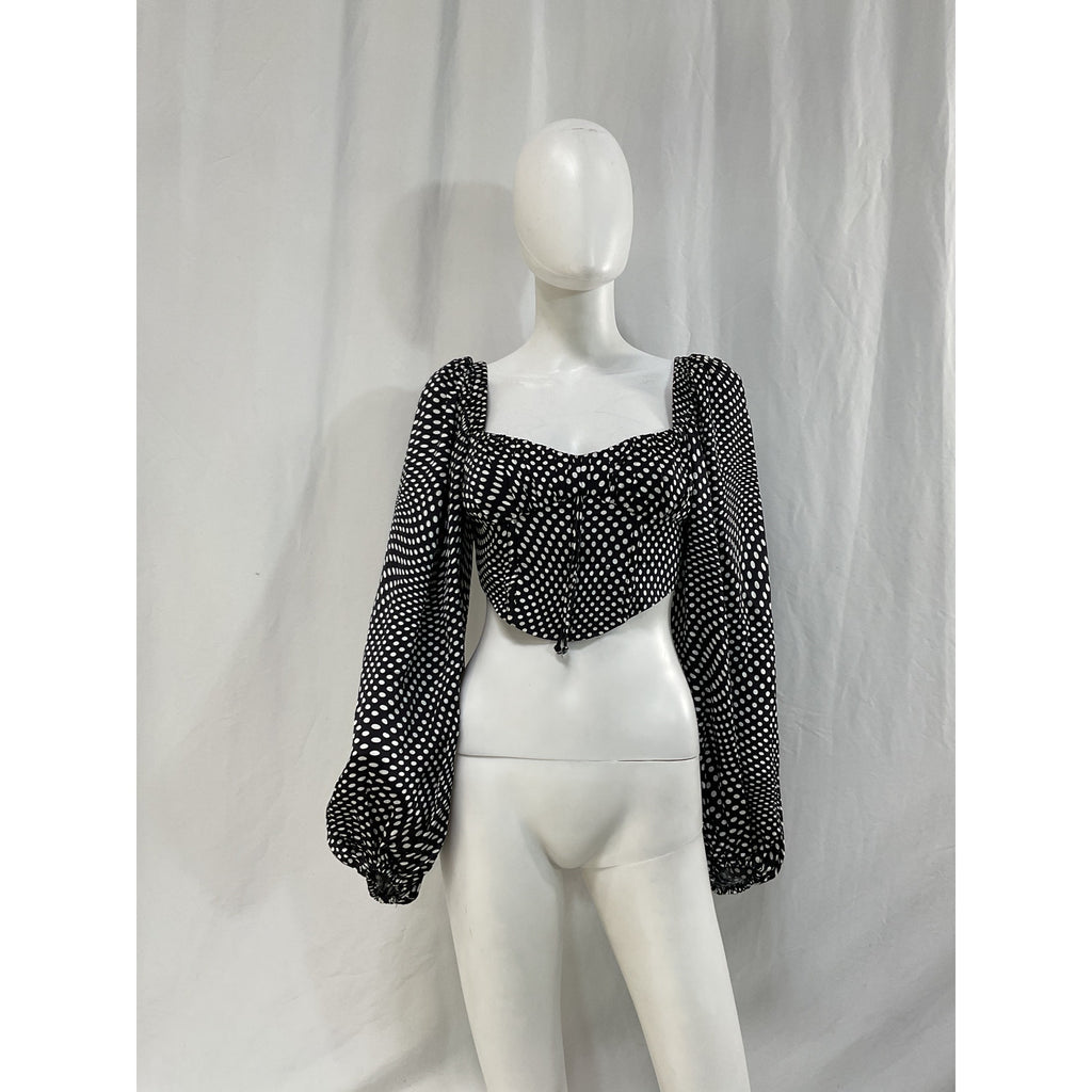 For Love & Lemons 'Kat' Black Satin Polka Dot Top Size S