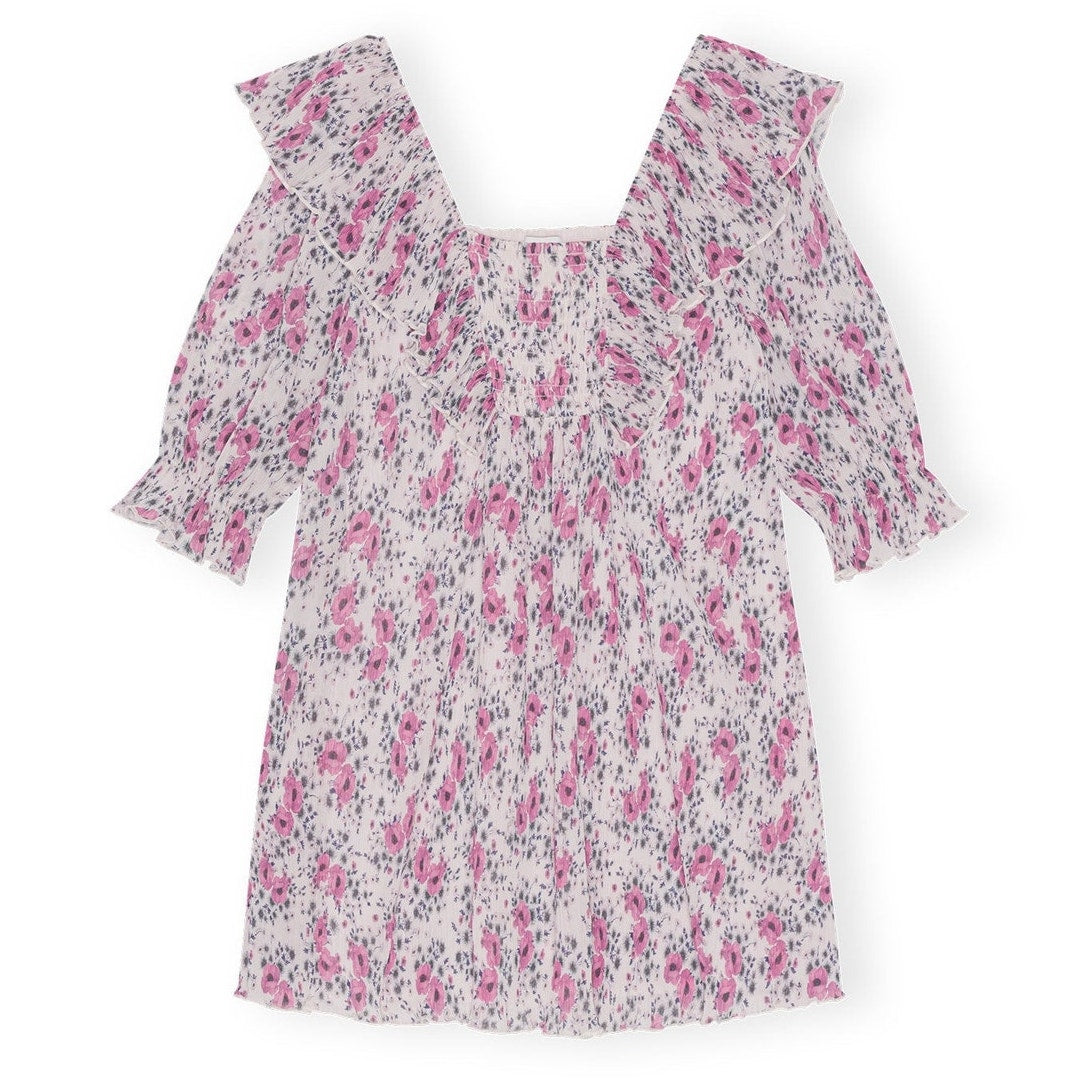 Ganni Floral Lilac Pleated Georgette Ruffle Mini Dress Size 32