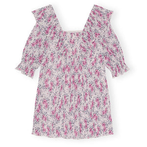 Ganni Floral Lilac Pleated Georgette Ruffle Mini Dress Size 32