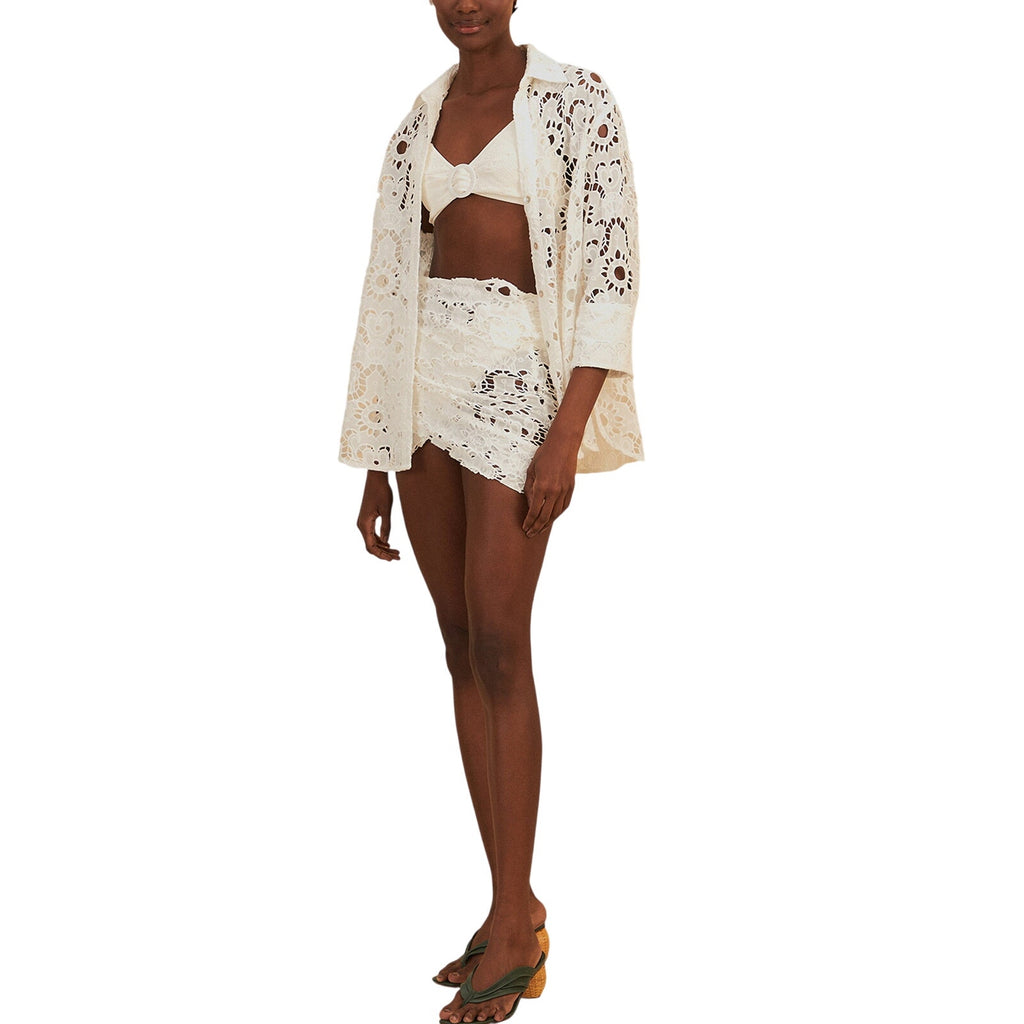 Farm Rio 'Sun' White Cotton Eyelet Wrap Mini Skirt Size XS