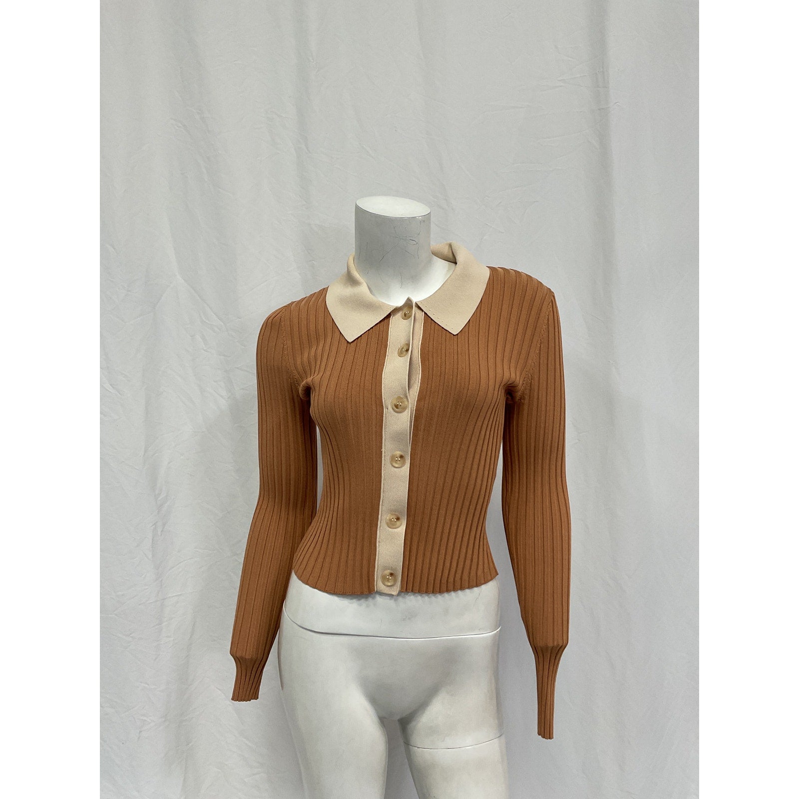 Simkhai 'Elsie' Tan Rayon Compact Cut Out Polo Cardigan Size S