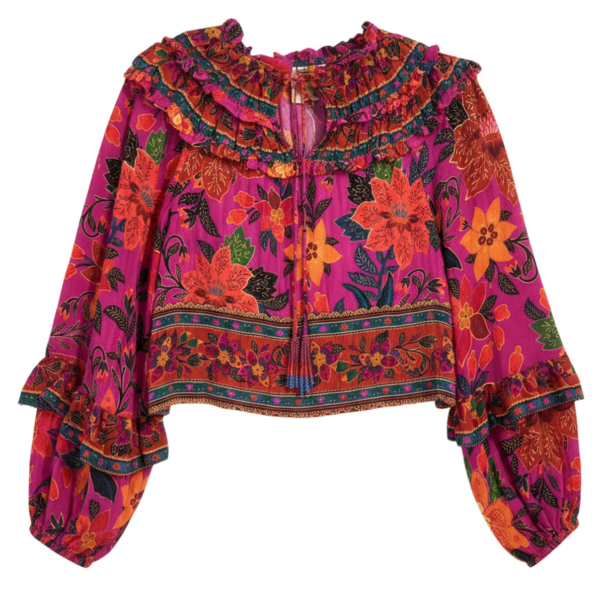 Farm Rio Bohemian Multicolor Ruffle Yoke Blouse Size XS