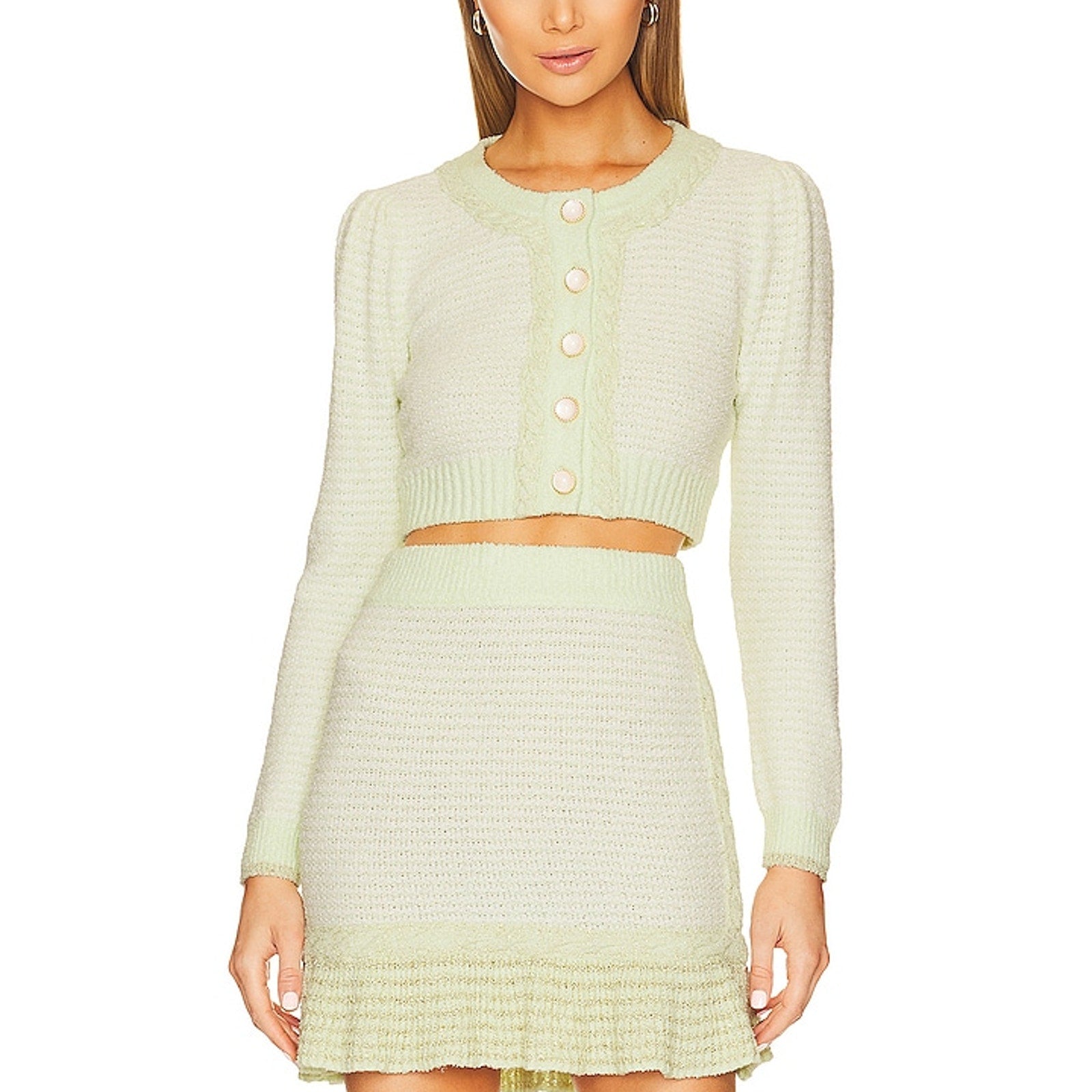 Loveshackfancy 'Twain' Green Cotton Crop Cardigan Size XS