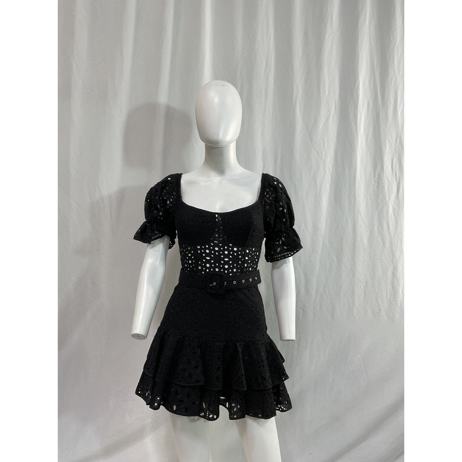Charo Ruiz Denim Jean Off-The-Shoulder Black Belted Broderie Anglaise Cotton-Blend Mini Dress Size XS