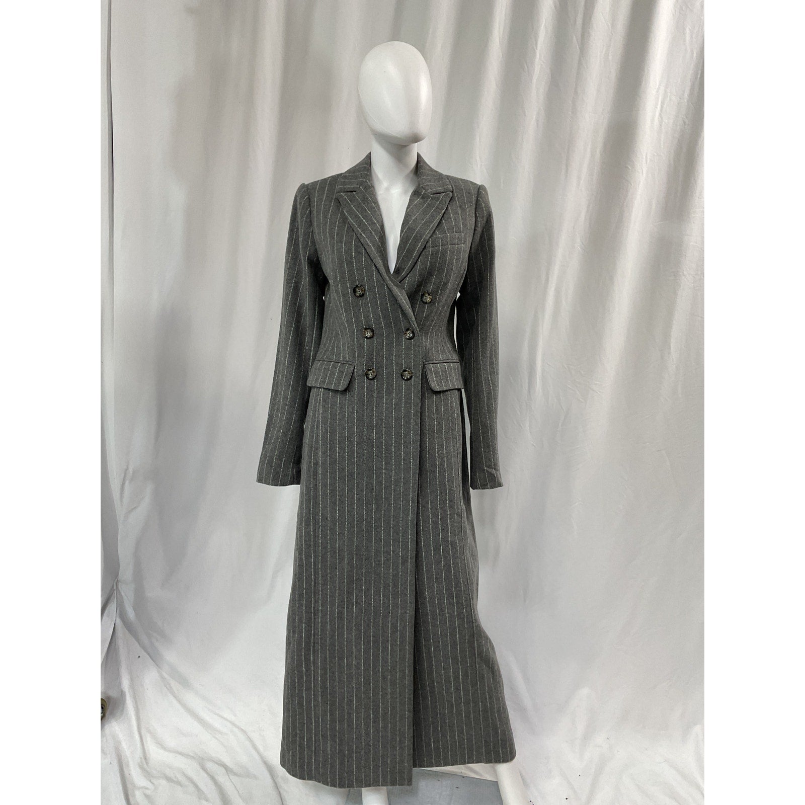 Favorite Daughter 'The Simon' Grey Pinstripe Double Breasted Longline Coat Size M - NWT