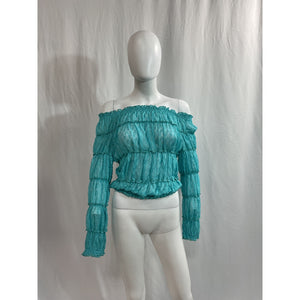 Missoni Off-The-Shoulder Blue Shirred Metallic Crochet-Knit Sweater Size 4