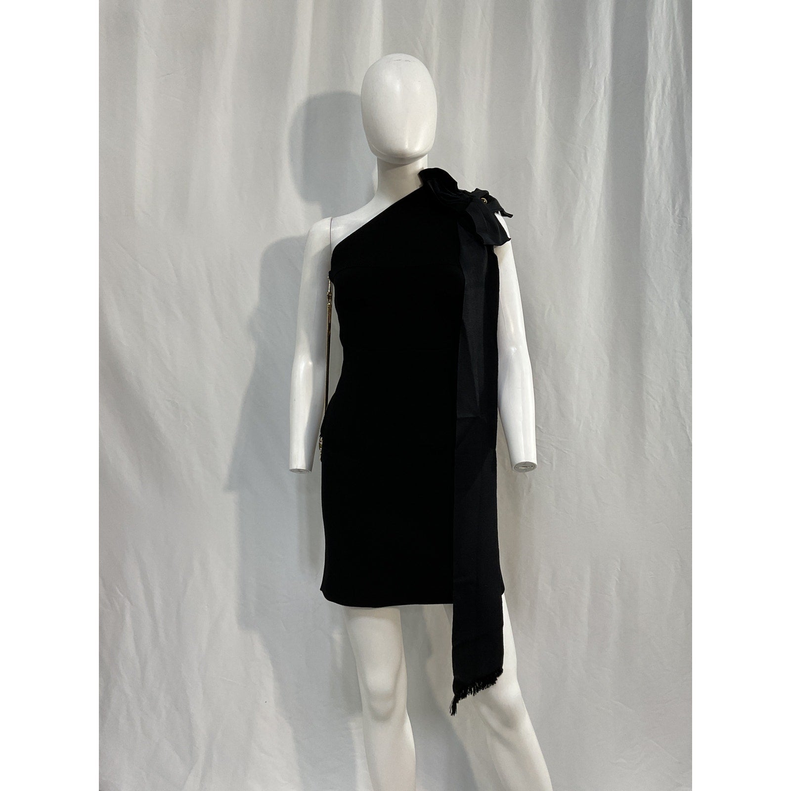 Az Factory Mybody Black Viscose One-Shoulder Bow-Detailed Stretch-Knit Mini Dress Size L