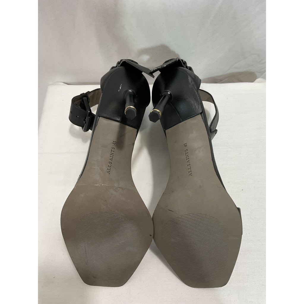 Allsaints 'Noir' Black Leather Ankle Strap High Heel Sandals Size 11