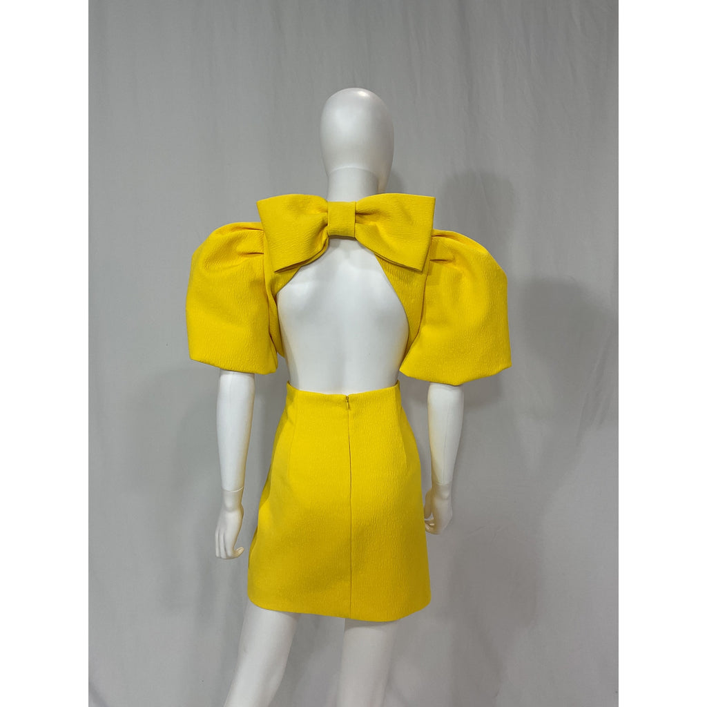Rebecca Vallance 'Jaclyn' Yellow Round Neck Short Puff Sleeve Back Bow Cut Out Mini Dress Size 10