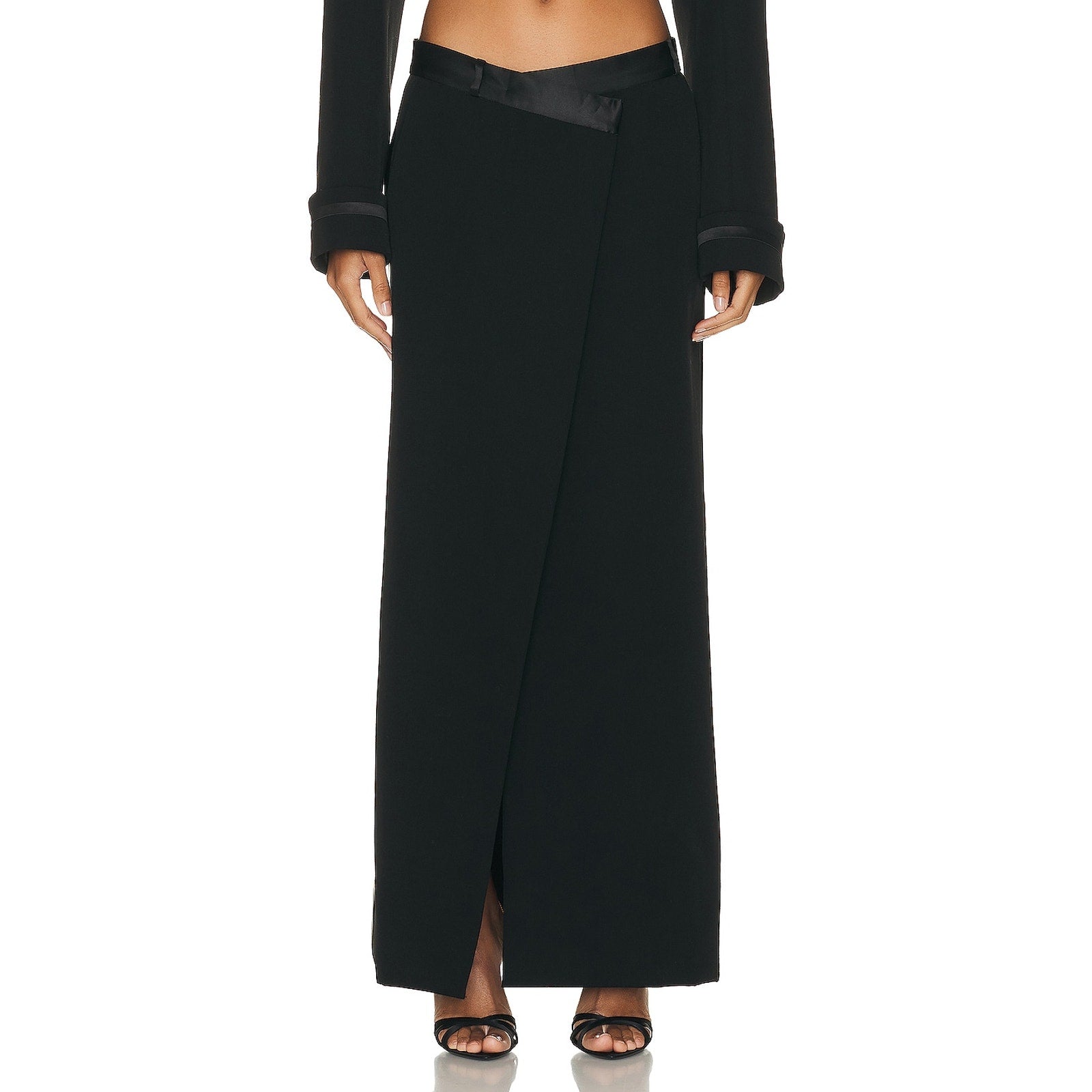 Simkhai 'Clarisse' Black Wool Satin Combo Overlap Maxi Skirt Size 6 - NWT