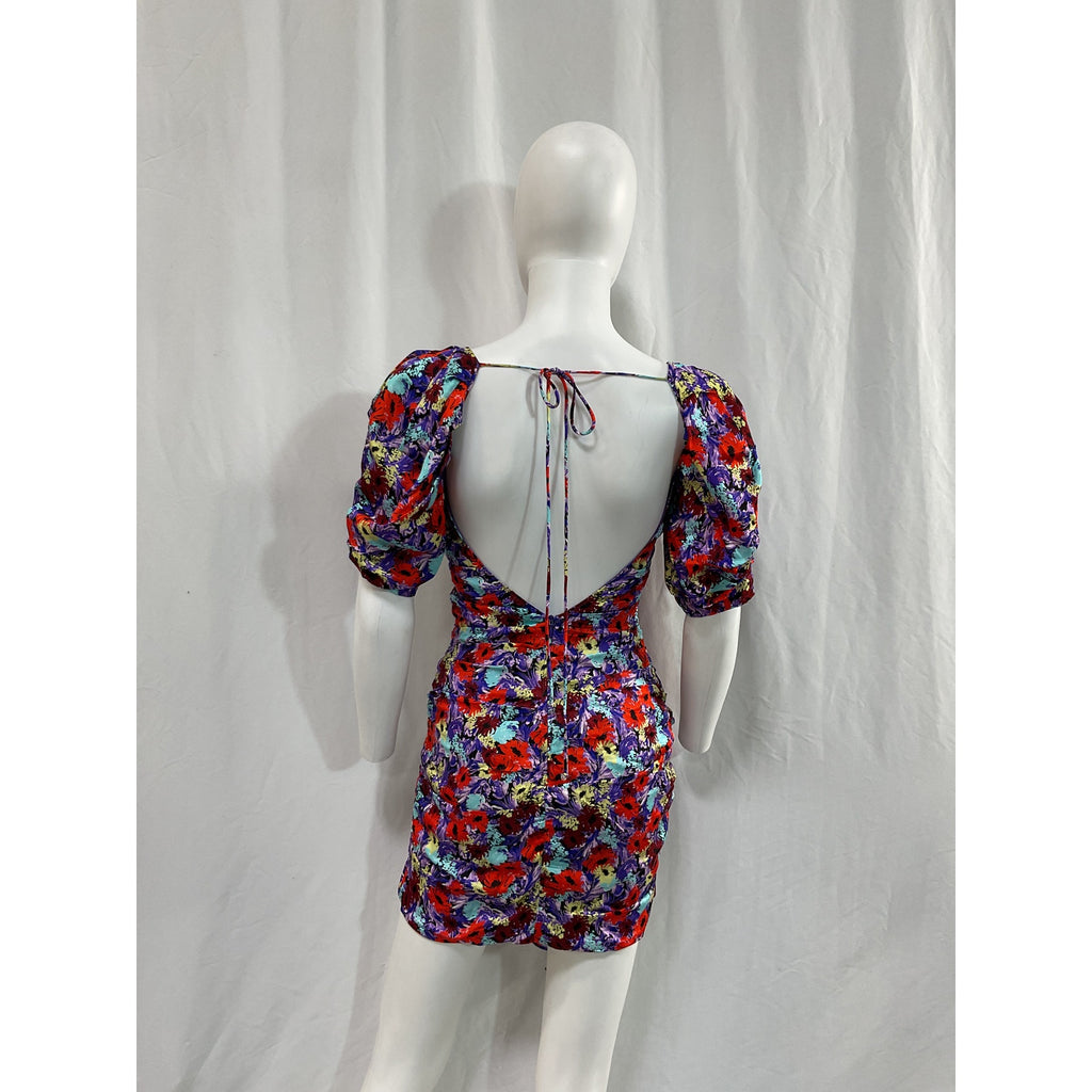 For Love & Lemons 'Chiara' Purple Satin Puff Sleeve Floral Mini Dress Size XS