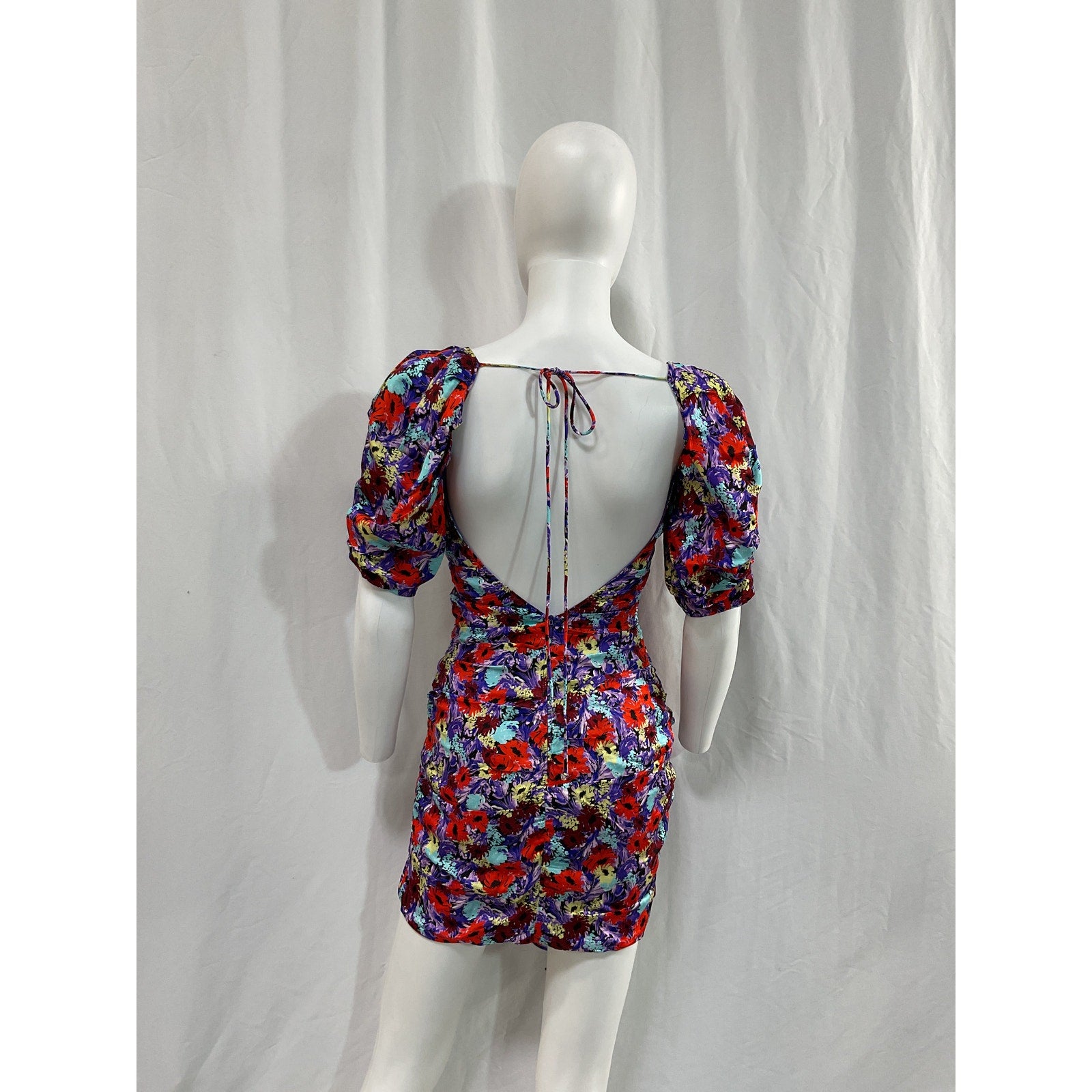 For Love & Lemons 'Chiara' Purple Satin Puff Sleeve Floral Mini Dress Size XS