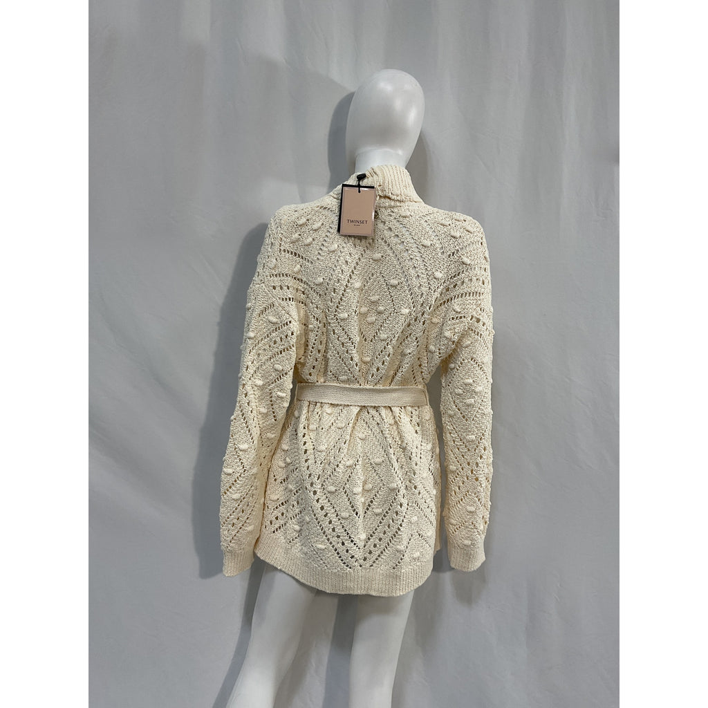 Twinset Belted Knitted White Cotton Cardigan Size M - NWT