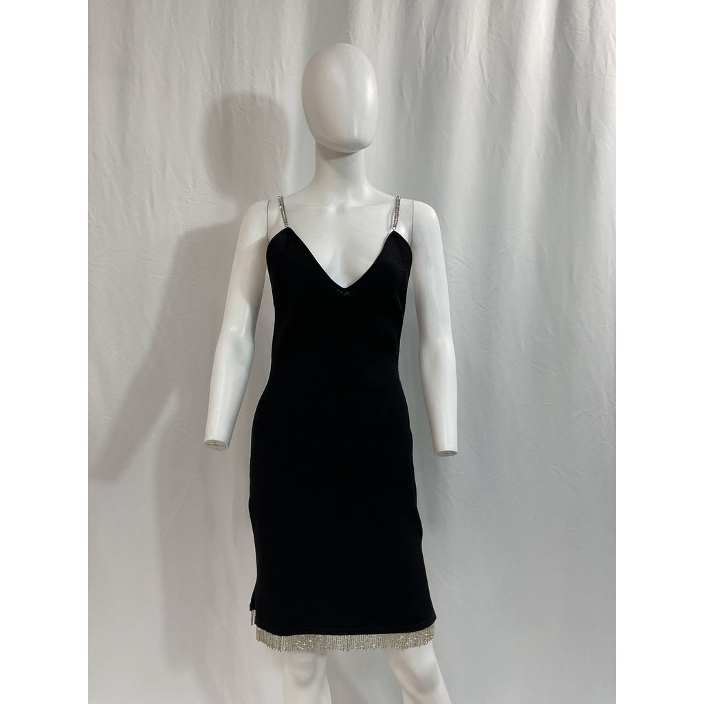 Simkhai 'Bella' Black Compact Rib Diamonte Mini Dress Size L