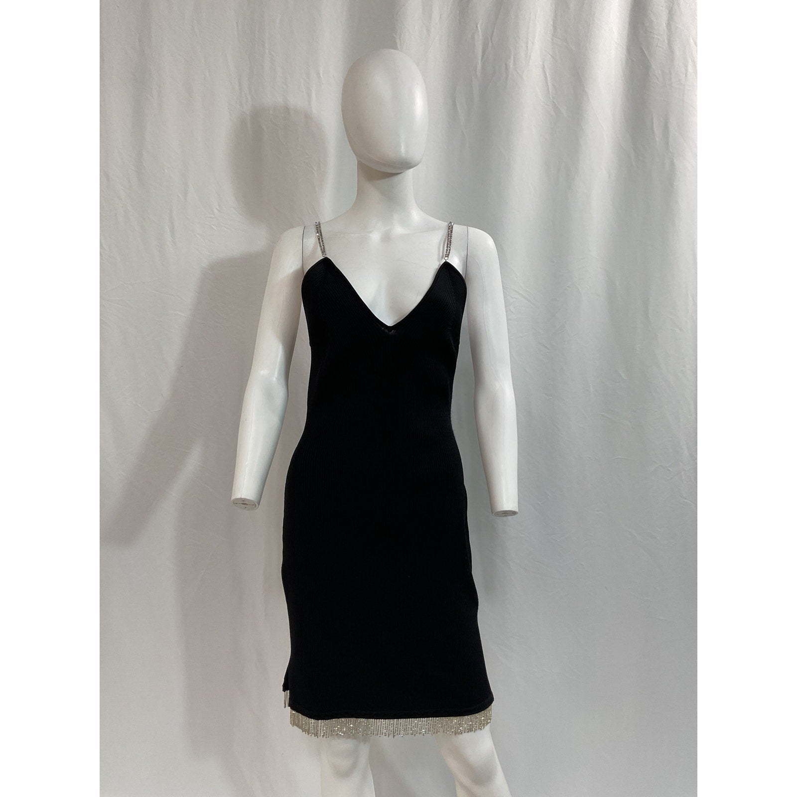Simkhai 'Bella' Black Compact Rib Diamonte Mini Dress Size L