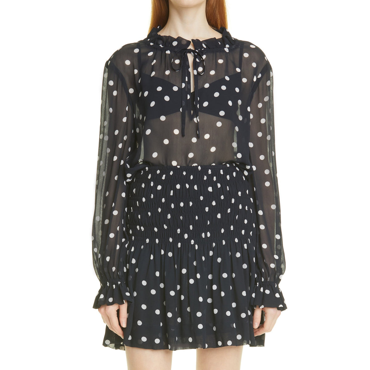 Ganni Sheer Polka Dot Black Viscose Long Sleeve Blouse Size 2