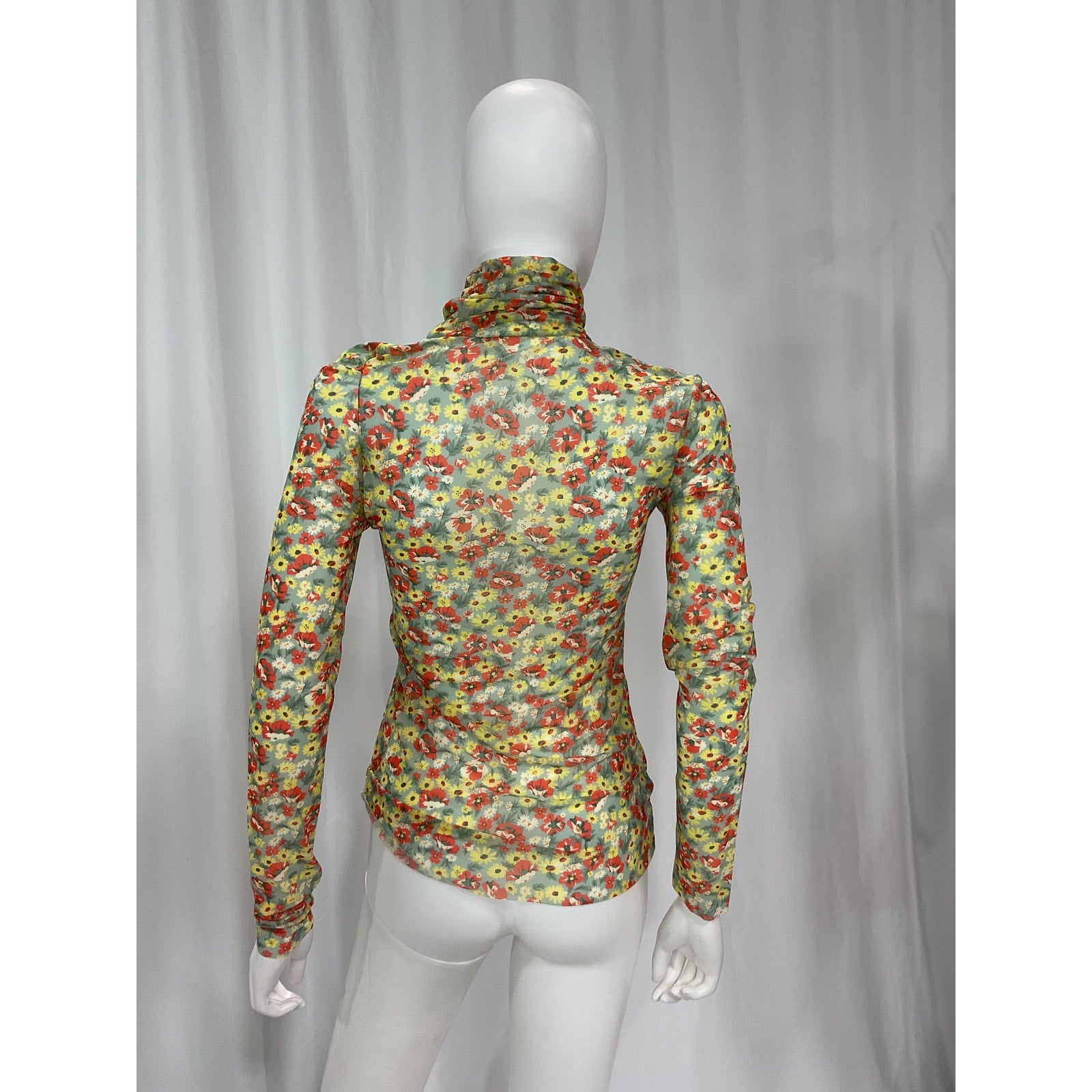 Ganni Printed Mesh Long Sleeve Green Fitted Rollneck Top Size 36