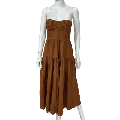 Shona Joy Strapless Ruched Midi Almond Jules Dress Size AUS 8 / US 4 NWT