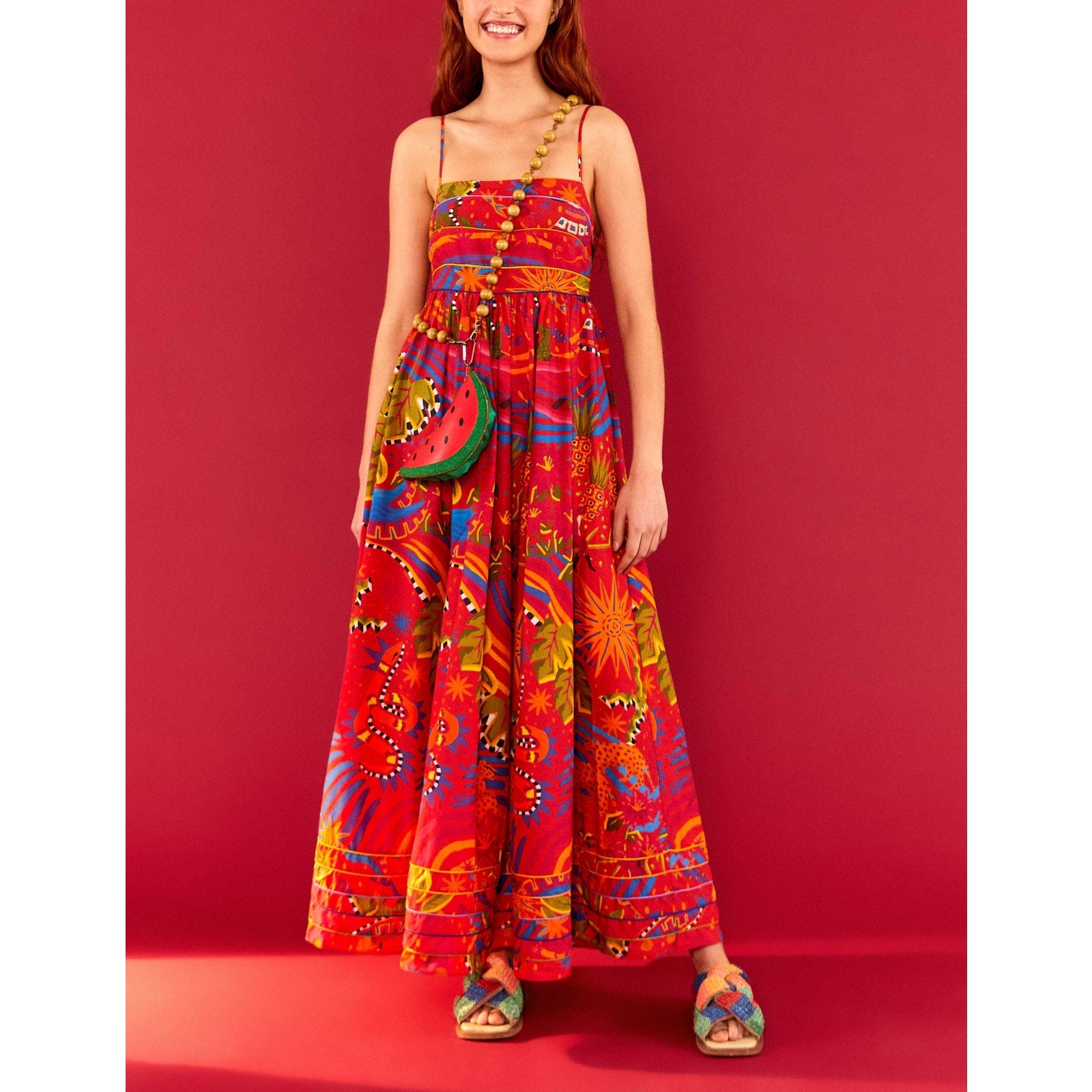 Farm Rio 'Magic' Red Cotton Forest Maxi Dress Size S