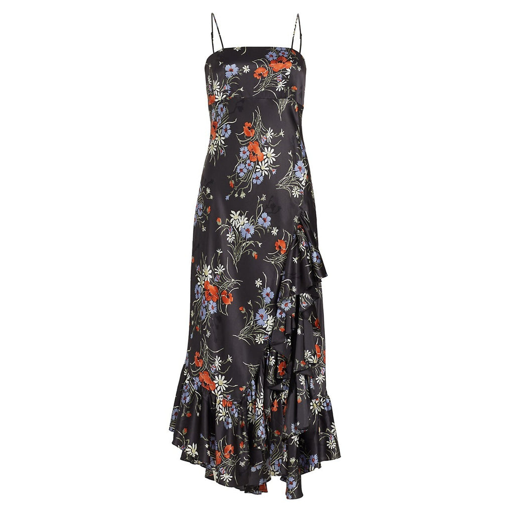 Cinq A Sept 'Penny' Black Polyester Satin Floral Ruffled Maxi Dress Size 0