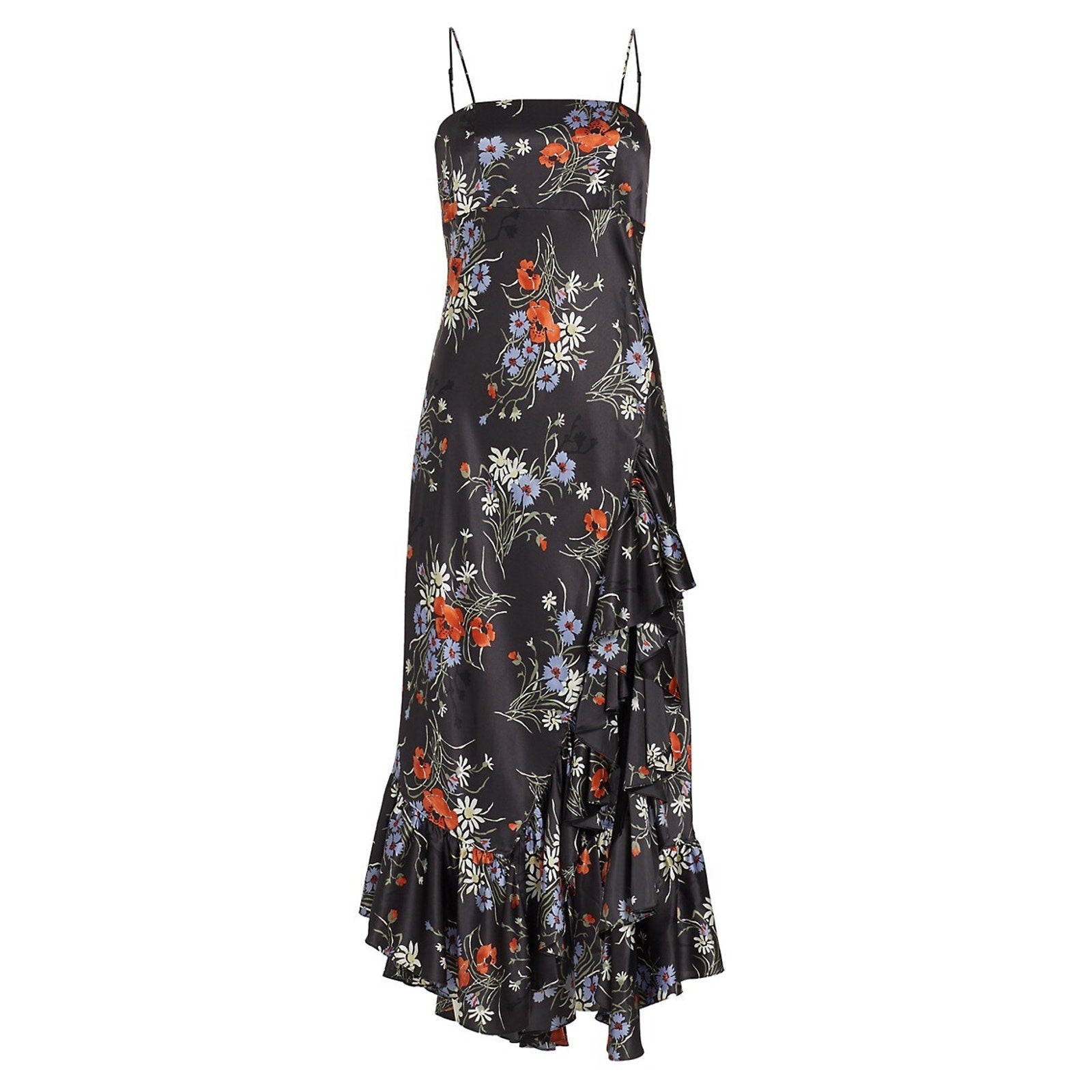Cinq A Sept 'Penny' Black Polyester Satin Floral Ruffled Maxi Dress Size 0
